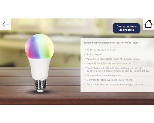Lampe LED standard Tint E27 avec différentes nuances de blanc et lumière colorée.