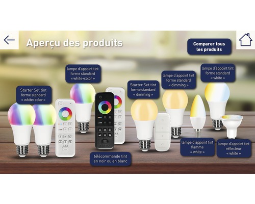 Aperçu des différentes ampoules Tint avec différentes formes et fonctions, télécommandes incluses.