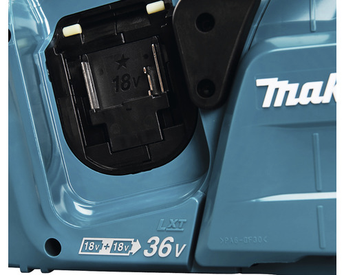 Makita Logo auf einer Akku-Kettensäge mit 36 Volt Akkufach