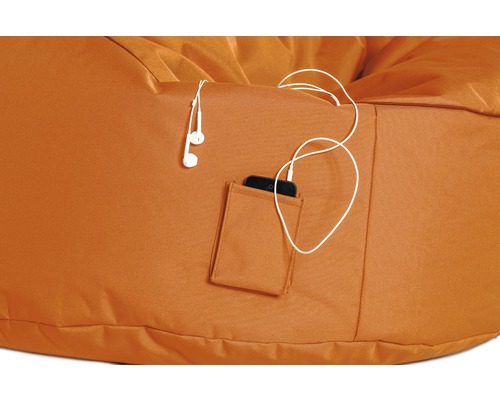 Vue détaillée d''un pouf avec poche, smartphone et écouteurs