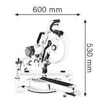 Schéma d''une scie à onglet avec des dimensions de 600 mm de large et 530 mm de haut.