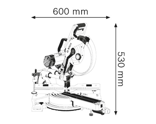 Schéma d''une scie à onglet avec des dimensions de 600 mm de large et 530 mm de haut.