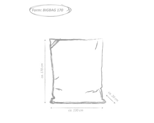 Schéma Bigbag 170 avec les dimensions d''environ 170 cm de hauteur, environ 130 cm de largeur et environ 20 cm de profondeur