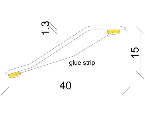 Schéma technique d''une plinthe quart-de-rond avec bande adhésive et indications de dimensions