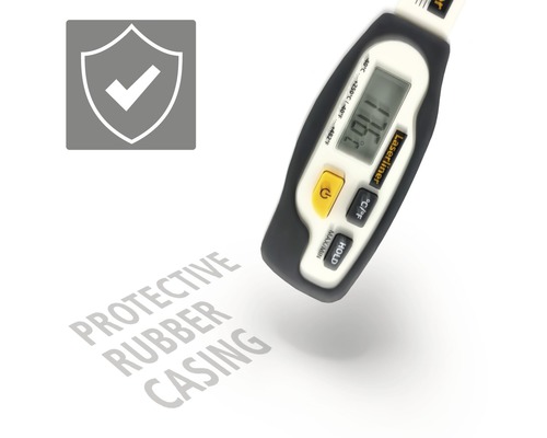 Laserliner Logo, Schutzschild Symbol und Temperaturmessgerät mit Gummischutzgehäuse