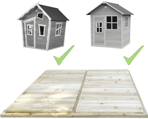 Zwei Spielhäuser auf einer Holzterrasse mit einem grünen Häkchen darüber.