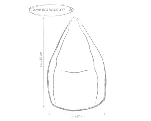 Skizze eines Sitzsacks in XXL-Form mit einer Höhe von circa 130 cm und einem Durchmesser von circa 80 cm.