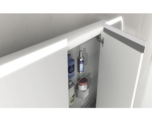 Armoire de toilette à miroir ouverte avec étagères et éclairage