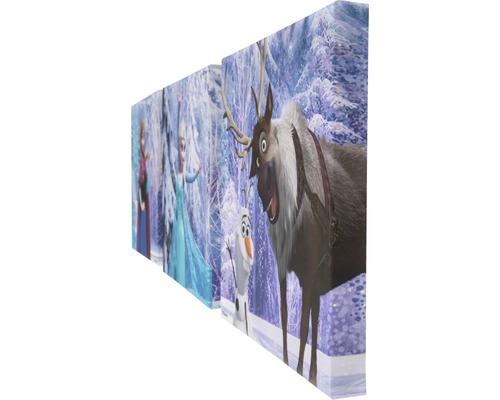 Leinwandbild mit Frozen-Motiv und den Figuren Anna, Elsa, Olaf und Sven.