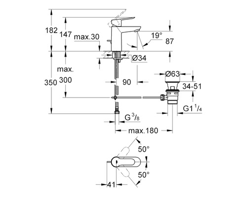 Maßzeichnung einer Armatur mit Angaben zu Höhe, Ausladung und Anschlüssen.