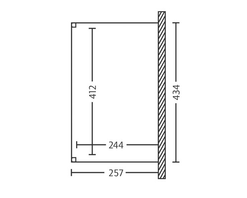 Schéma technique avec les dimensions d''un produit, y compris 412, 434, 244 et 257.