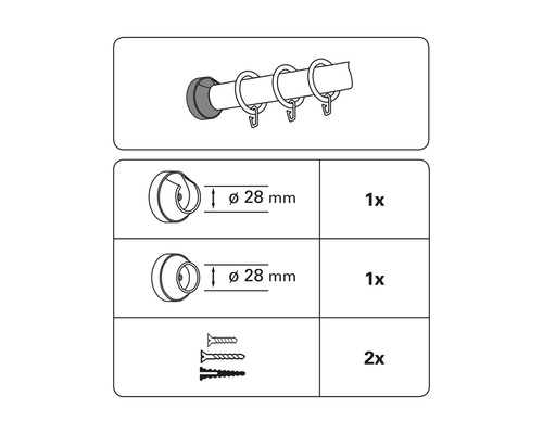 Abbildung einer Gardinenstange mit Zubehör zur Wandmontage, Durchmesser 28 Millimeter