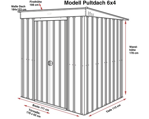 Zeichnung eines Gerätehauses mit Pultdach und Maßangaben