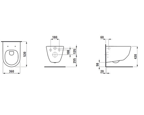 Schéma technique de toilettes suspendues avec dimensions
