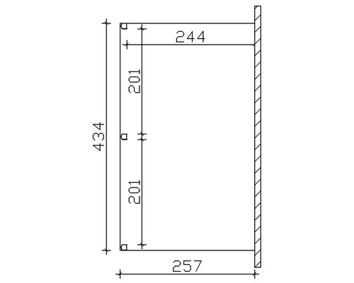 Dessin technique avec cotes pour un élément de construction : hauteur 434, largeur en bas 257, largeur en haut 244, largeur verticale 201.