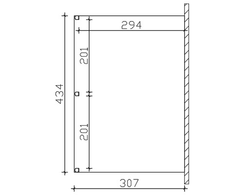 Dessin technique avec dimensions: hauteur 434, largeur 307, profondeur 294, distance 201.