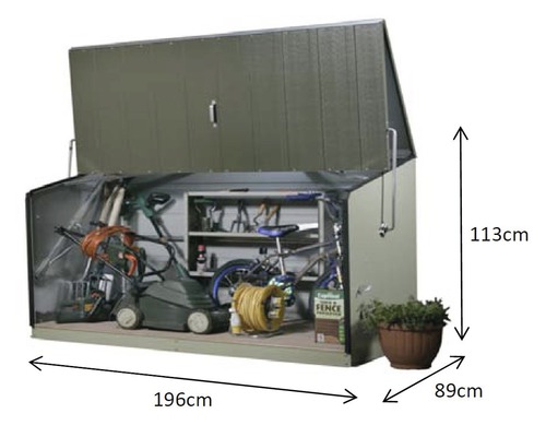 "Coffre de rangement ouvert avec outils de jardin et outils 