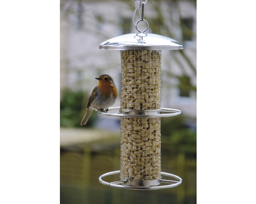 Mangeoire à oiseaux en métal avec un rouge-gorge