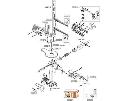 Explosionszeichnung einer Dekupiersäge mit den zugehörigen Einzelteilen.