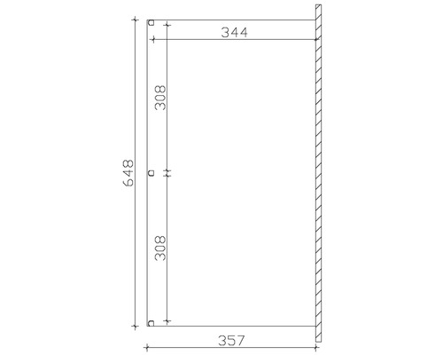 Dessin technique avec dimensions pour un produit : hauteur 648, largeur en haut 344, largeur en bas 357, segments verticaux de 308 chacun
