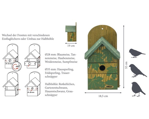 Nichoir en bois avec différentes façades et trous d''envol