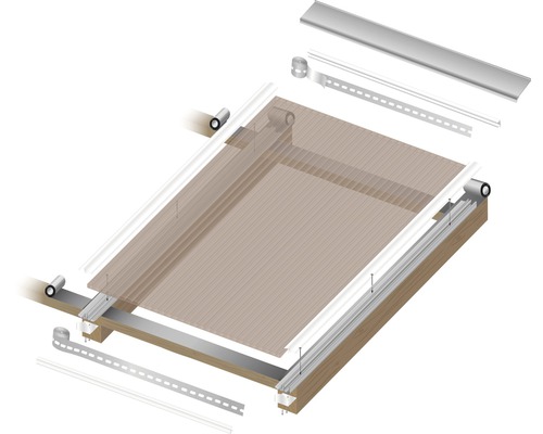 Illustration eines Terrassendachbausatzes mit Holzrahmen, Polycarbonatplatten und Befestigungsmaterialien