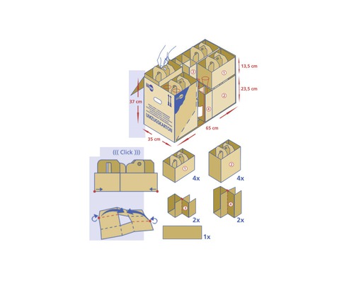 Illustration d''un carton de déménagement avec dimensions et instructions de montage des compartiments