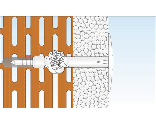 Illustration eines Dämmstoffdübels in einer Dämmplatte und einer Lochplatte