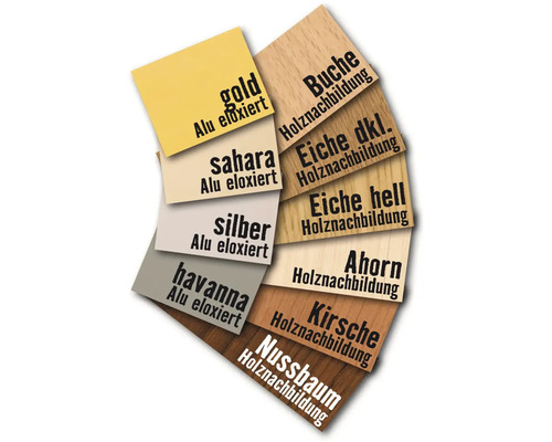 Échantillons de couleurs d''aluminium anodisé et d''imitations bois