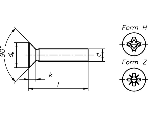 Dessin technique d''une vis à tête fraisée avec dimensions et formes de tête H et Z