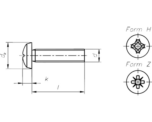 Schéma technique d''une vis avec dimensions et variantes de tête H et Z