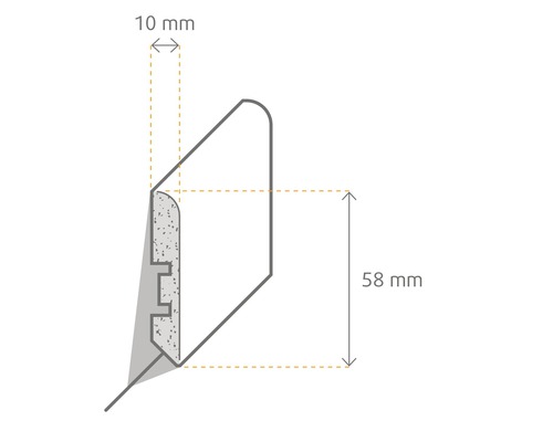 Schéma d''une plinthe avec les dimensions 10 mm et 58 mm.