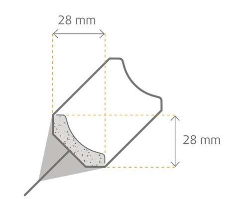 Dimensions d''une moulure décorative : 28 mm de largeur et 28 mm de hauteur