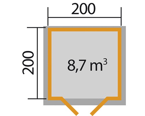 Grundrisszeichnung mit Maßen 200 x 200 und einem Volumen von 8,7 Kubikmetern