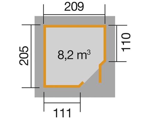 Grundriss mit Maßen und Angabe des Volumens von 8,2 Kubikmetern
