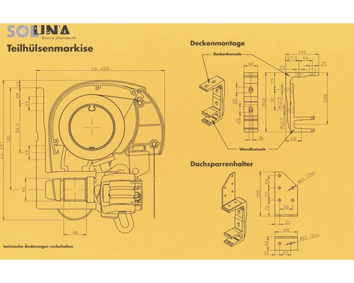 Schéma technique d''un store banne à cassette partielle Soluna avec cotes pour montage au plafond et support de chevrons