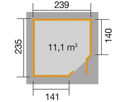 Plan avec dimensions 239 x 235 x 140 x 141 cm et volume de 11,1 mètres cubes