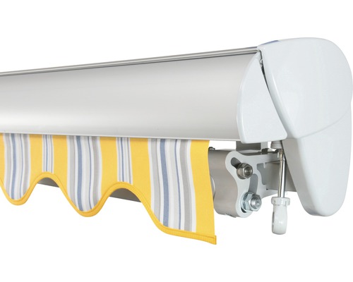 Store de terrasse avec lambrequin rayé jaune