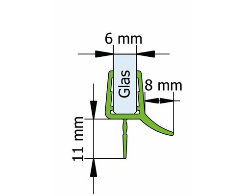 Technische Zeichnung eines Dichtungsprofils mit Maßangaben für Glas