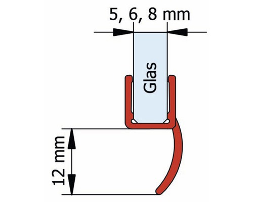 Technische Zeichnung einer Dichtung für Glas mit Maßen 5, 6 und 8 Millimeter sowie 12 Millimeter