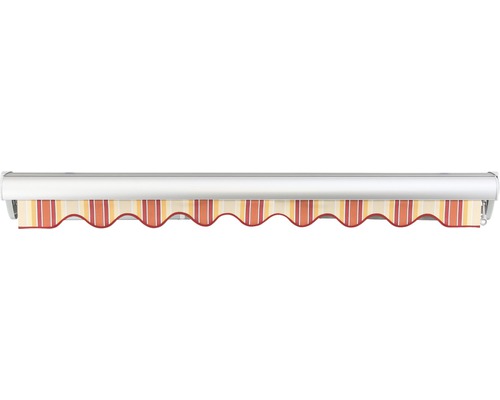 Store banne avec tissu rayé et lambrequin ondulé
