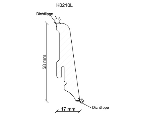 Technische Zeichnung eines Profils mit Dichtlippe, 58 mm hoch und 17 mm breit