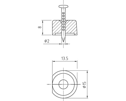 Technische Zeichnung eines Möbelgleiters mit Nagel, Maße in Millimeter
