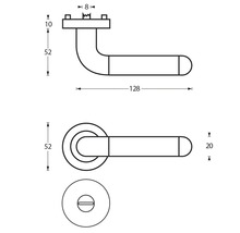 Technische Zeichnung eines Türdrückers mit Rosette und Abmessungen.