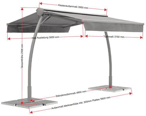 Store banne avec dimensions pour le coffre, la toile, l''avancée, la hauteur totale et l''empreinte au sol