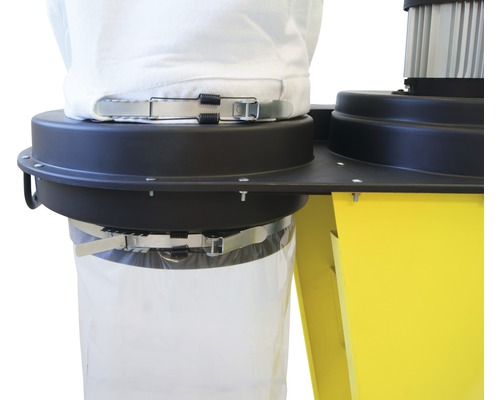 Detailaufnahme einer Staubabsaugung mit Filtersack und Auffangsack.