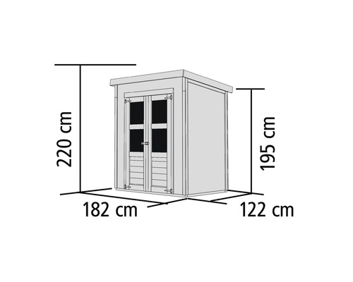 Illustration d''un abri de jardin avec les dimensions suivantes : 220 cm de hauteur, 195 cm de hauteur latérale, 182 cm de largeur et 122 cm de profondeur.