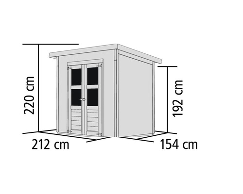 Abmessungen eines Gerätehauses: 220 cm Höhe, 212 cm Breite, 192 cm Höhe, 154 cm Breite