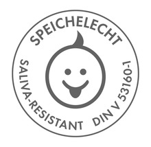 Speichelecht Siegel gemäß DIN V 53160-1. Das bedeutet, dass das Produkt speichelfest ist.