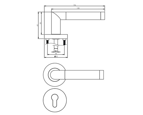 Schéma technique d''une poignée de porte avec dimensions